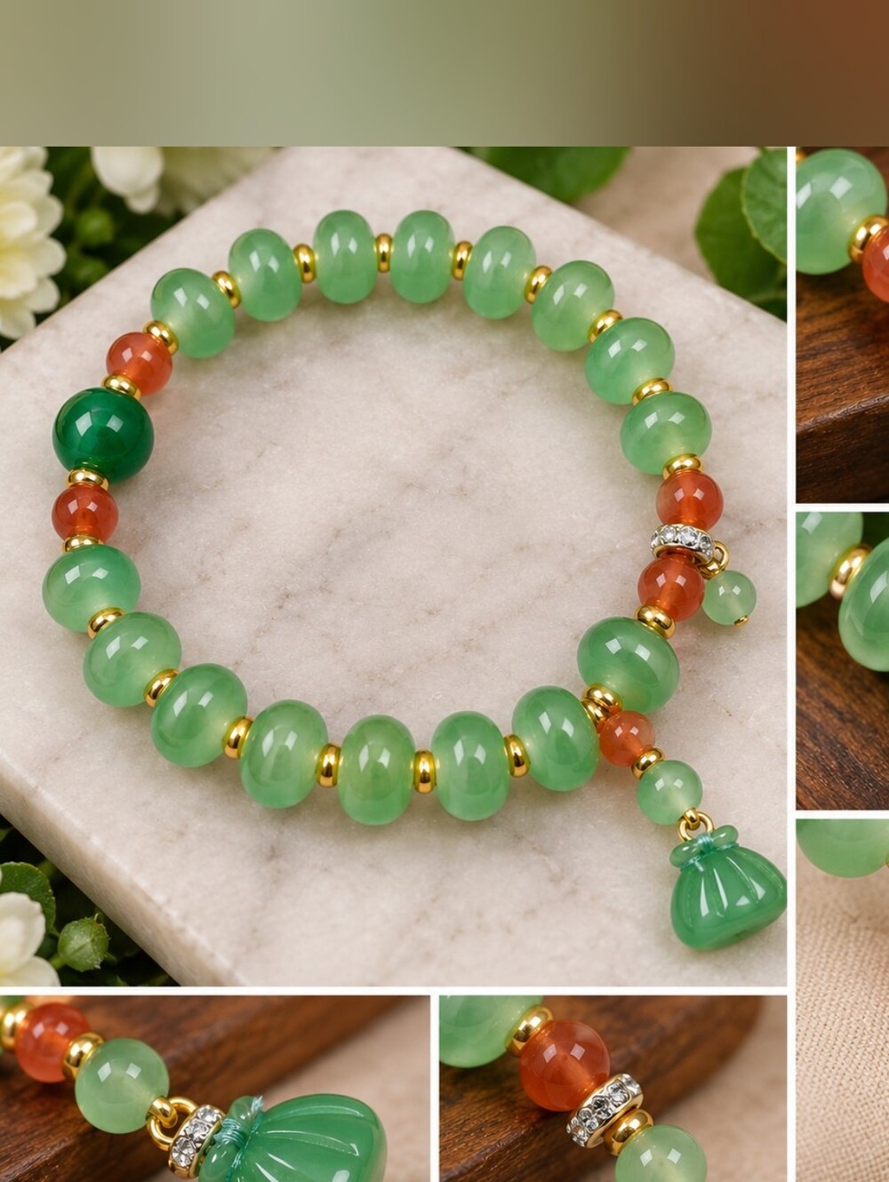 Green Jade-Style Good Luck Wealth Bracelet Money Bag Charm